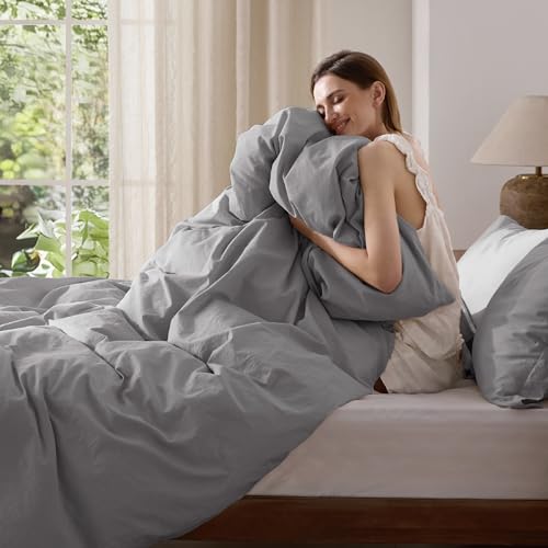 Bedsure 100% Washed Cotton Duvet Cover Queen Size - Gray Minimalist Cotton Duvet Cover Linen Like for All Seasons - GentleSoft™ Plain Simple Bedding (Gray, Queen, 90"x90")