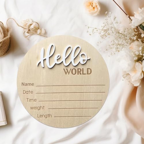 Image of Baby Announcement Sign, 5.9 Inch Wooden Hello World Newborn Signs, Birth Announcement Sign, Baby Shower Hospital Nursery for Newborn Boys and Girls (White,Pen)