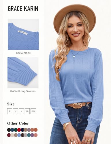 Image of GRACE KARIN Fall Sweaters for Women 2026 Puff Long Sleeve Crewneck Dressy Casual Tops Crochet Hollow Out Cute Pullover Blouse