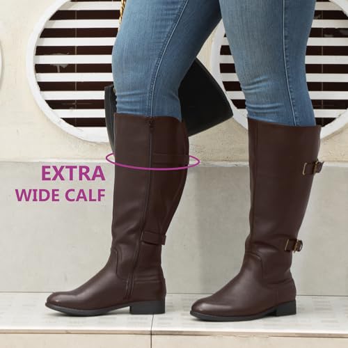 Women's Classic Extra Wide Calf Flat Heel Double Buckle Back Stretch Knee High Boots2