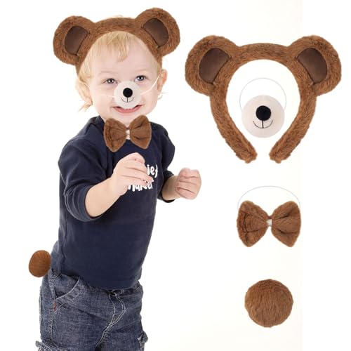 GWAWG 4-teiliges Set Süße Ohren Stirnband Bär Stirnband Nase Fliege Schwänze Zubehör Niedlich Bär Kinder Erwachsene Halloween Karneval Weltbuch Tag