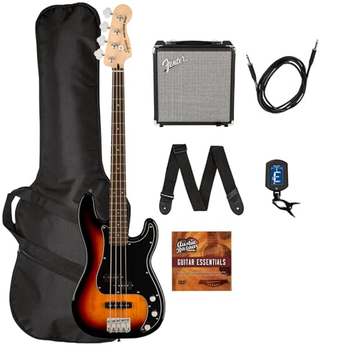 Fender Squier Affinity Bass PJ - ランブル15アンプ、楽器ケーブル、ギグバッグ、チューナー、ストラップ、オースティンバザールインストラクションDVD付き3色サンバーストバンドル