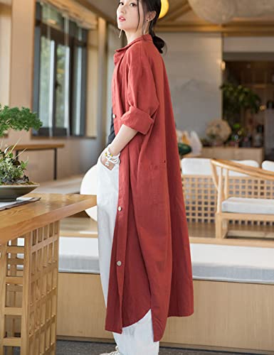 NFYM Women Casual Cotton Linen Lapel Shirt Trench Coats Lightweight Loose Button Up Pockets Long Maxi Shirt Jacket Shacket4