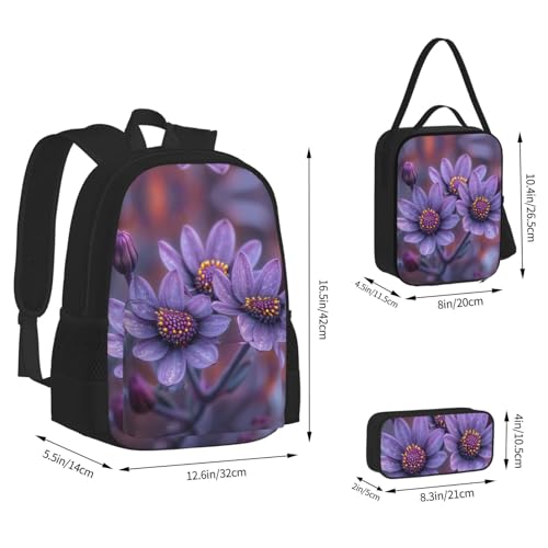 nanger Three Flowers Print 3-Piece Set Backpack, Lunch Bag And Pencil Case, For Travel, College, And Daily Use4
