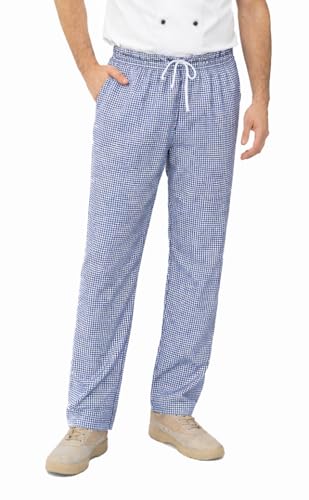 IBEX Chef Trousers for Men & Women - Unisex Chefs Trousers with Drawstring, Lightweight Poly-Cotton Professional Kitchen, Plain Blue Gingham, 4XL