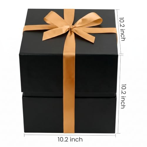 Image of LIFELUM Square Gift Box with Magnetic Lid, Card, Sticker, Ribbon, Shredded Paper Filler for Business, Wedding, Birthdays (Black, square - 10.2 inch, 1 count (Pack of 1))