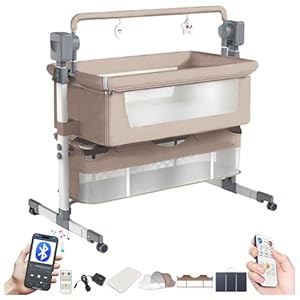 Magic ZC Elektrische Bluetooth Intelligent Beistellbett Baby mit Rollen, Convertible Faltbar Co-Sleeping Babybett, Fernbedienung, 5-schwankende Zahnräder, Stubenwagen Wiege mit Musik (601 Beige)