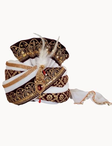 Image of BookMyCostume Dulha & Royal Wedding Turban Collection - Premium Silk, Velvet, Zari Work Safa with Kalgi & Brooch - Traditional Indian Dulha Pagdi /Sehra Perfect for Weddings & Role Plays for Men & Kids