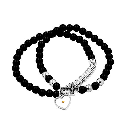 Uloveido White Black Beaded Natural Stone Bracelet, CZ Pave Side Cross Bangle Bracelets Stack Adjustable, Mustard Seed Beaded Jewelry (White)