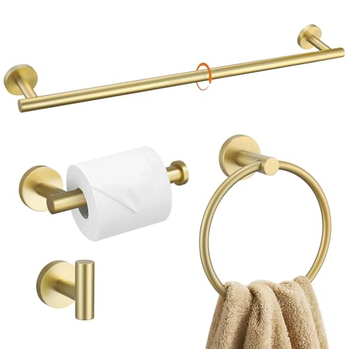 Brushed Gold Bathroom Hardware Accessories Set 4 Pieces Towel Bar Set Modern Round Towel Ring 19.68 in Towel Bar Towel Hook and Toilet Paper Holder Stainless Steel Wall Mounted