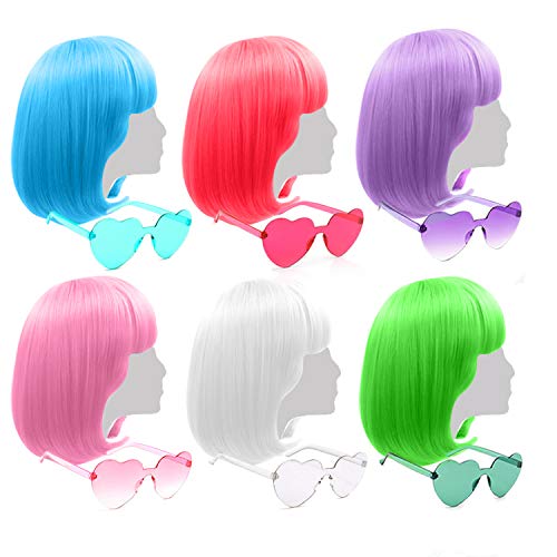 Colored Wigs 6 Pack , Short Bob Hair Wigs Neon Colorful Party Wigs with with Rimless Heart Shape Sunglasses for Women…