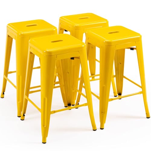MFD LIVING 24 Inch Metal Bar Stools Set of 4 Counter Height Bar Chair Indoor Outdoor Backless Kitchen Stools (Yellow)