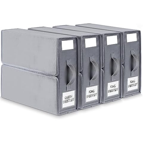 BIKTIC SheetCube Bed Sheet Organizers and Storage,4 Pack Sheet Folder Organizer (Queen or King Size), Linen Closet Organizer for Bedding Sheets,Duvet Covers and Pillow cases,Grey Cover