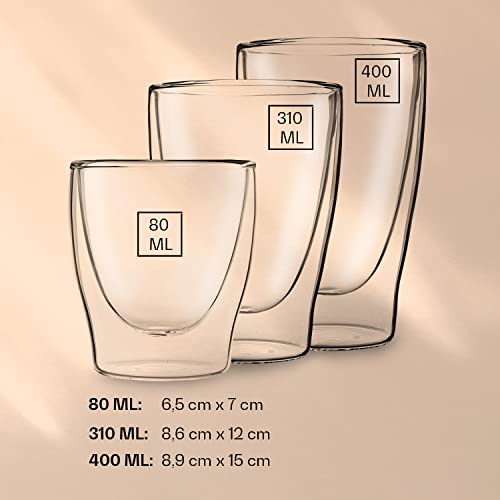 DUOS® Jumbo 6er Set Latte Macchiato Doppelwandige Gläser - 2x 80ml + 2x 310ml + 2x 410ml + 6x Löffel, Kaffeegläser für Cappuccino & Latte Macchiato