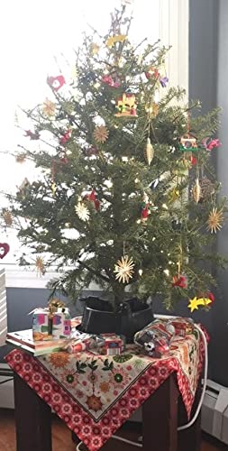 Adonisusa Decorative Christmas Small Square Tablecloth Table Topper With Santa, Red Bows, Hollies And Poinsettias-Red, Gold And Green. Size: 30" Inch Square (Celebrations With Ornaments) #TOP4