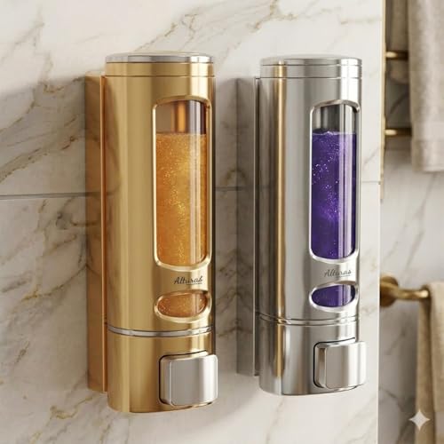 Image of ALTURAS Wall Mounted Liquid Soap Dispenser, ABS, 400 ML, for Shampoo, Sanitizer and Gel Handwash Dispenser (400 ML Gold and Silver)