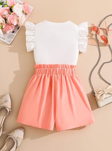 Image of Girls 2 Piece Outfits Summer Ruffle Sleeve Top and High Waisted Striped Shorts Set for Girls 7-14