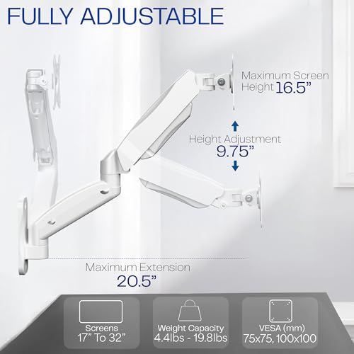 Image of VIVO Single Monitor Counterbalance Wall Mount for 32 inch Screens up to 19.8 lbs, Full Motion, Max VESA 100x100, White, MOUNT-V001GW