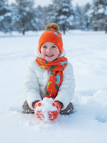 Image of NATUST Kids Winter Hat Gloves Scarf 3 Piece Set Stocking Caps Toddlers Dinosaur Pom Pom Beanie Children Knitted Warm Set