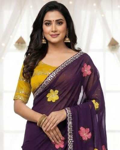 Image of Star Georgette Saree with Sequin Embroidery Work and Embroidered Blouse (Star-104)