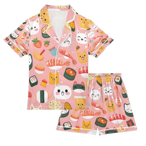 senya Cat Sushi Satin Summer Pajama Sets Silk Short Sleeve Button Down Sleepwear