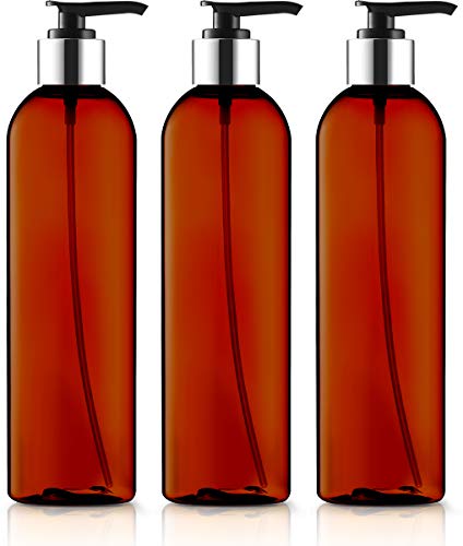 Empty Lotion Bottles 8oz Brown Amber with Black-Silver Pumps, Perfect for - DIY Shampoo, Conditioner, Creams, Body Wash, Hand Soap, Self-Tanners, Bronzers, Massage Oil's and Aromatherapy (Pack of 3)