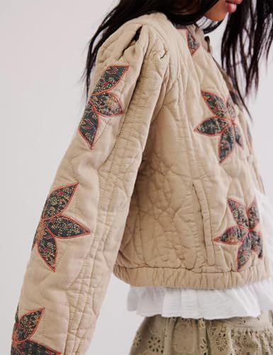 TUREAU Women’s Cropped Quilted Jacket: Khaki Floral Embroidered Puffer with Pockets – Your New Go-To for Style and Comfort! - Image 2
