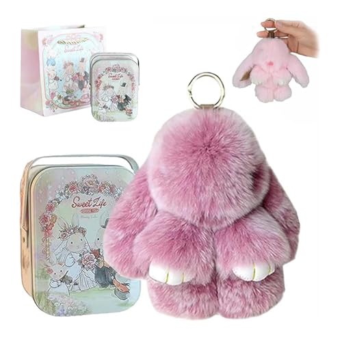 Hliloy Pomlulu Bunny Porte-clés en forme de lapin Lulu avec boîte de conserve, porte-clés en forme de lapin doux fait à la main, breloques pompon, cadeaux de Pâques et de Noël avec sac cadeau, à, 10,