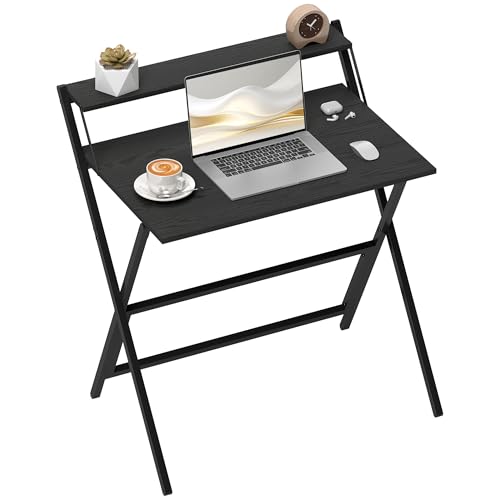 HOMCOM Scrivania Salvaspazio Pieghevole con Ripiano per Monitor, Tavolo per Computer Piccola e Richiudibile da Ufficio e Studio, in Acciaio, 81.5x62x86.5 cm, Nero