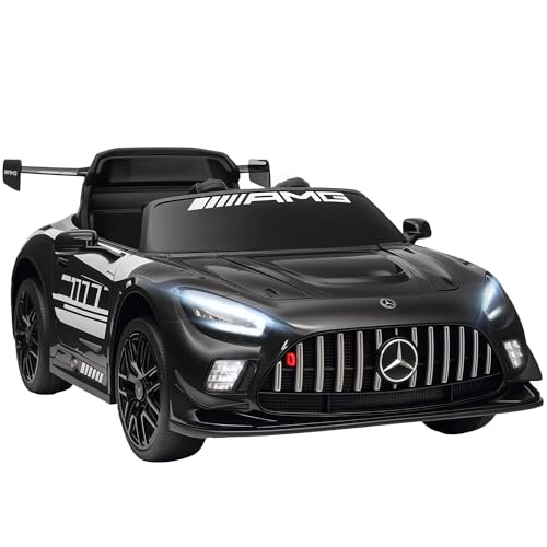 AIYAPLAY Coche Eléctrico para Niños, Mercedes AMG GT3 EVO, Coche de Batería 12V, con Mando a Distancia 2,4 G, Motor Doble, Ruedas Auxiliares, Asa de Arrastre, Música Inalámbrica, Faros, Negro