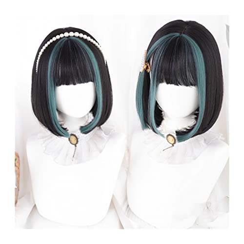 Perruque bob courte noire et verte avec frange lisse synthétique pour femme