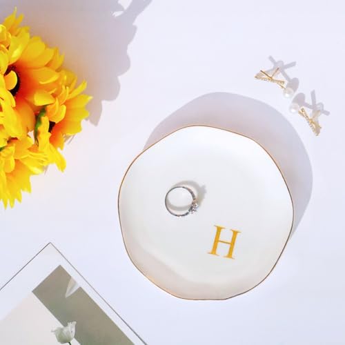 Image of Ceramic Jewelry Tray Initial Ring Dish Personalized H-Monogrammed Engagement Wedding Gifts, for Birthday Mother's Day Christmas for Women, Ceramic White 4.75 inch (H)