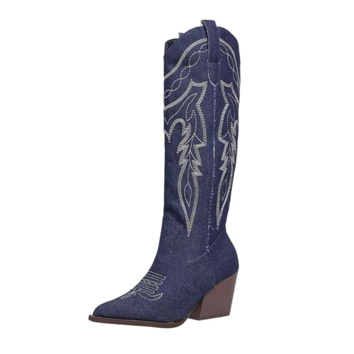 SelRoys Cowboy Boots for Women Cowgirl Embroidered Stitched Pointy Toe Chunky Heel Western Country Fashion Boots, dark blue, 41