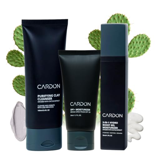 Cardon Cactus-Based Men's Skincare Set | Premium Korean Skincare for Sensitive Skin and Oily Skin | Water-based Face Moisturizer with SPF 30, Gentle Face Wash, Repairing Night Cream with Vitamin E