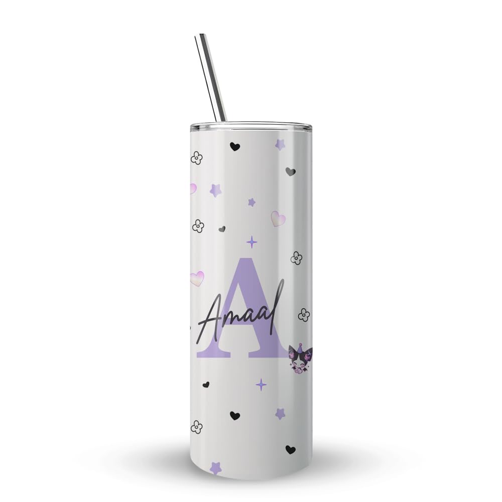 Personalised Initial & Name – Cute Cartoon Character Design – Custom Gift for Kids, Teens & Friends, Back to School, Birthday, 20 OZ Stainless Steel Skinny Tumbler.