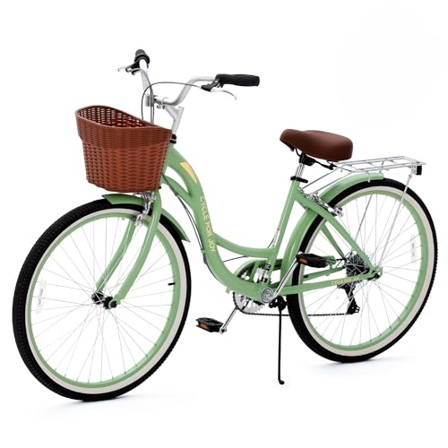 RegalRider 26 inch Beach Cruiser Bike for Women, 7 Speed Commuter Bicycle with Basket & Rear Rack, Low-Step Through Frame, Adjustable Seat and Handlebar, Adult City Cruiser (Green/Blue)