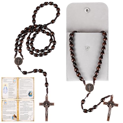 Quelay Rosary for Women Catholic Gifts Our Lady of Rosary Beads Pray Card Necklace Confirmation Gifts(Dark Brown Wooden)