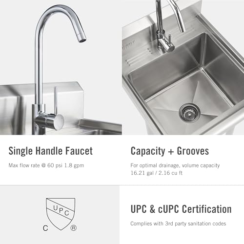 Image of TRINITY BASICS 21.5in Freestanding Stainless Steel Utility Sink, NSF Sink For Laundry Room, Garage, Shop, Kitchen Prep, Food Truck, Dog Wash, with Hot /Cold Pullout Chrome Faucet, 21.5 inch x 24 inch x 49.2 inch