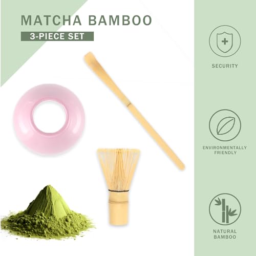 Miniatura 5 de Kievano Kit Matcha Rosa Set Matcha De 3 Piezas Con Batidor De Bambú 80 Varillas, Cuchara De Bambú Y Soporte De Cerámica, Te Matcha Kit Japonés, Caja De Regalo Para Ceremonia Del Té