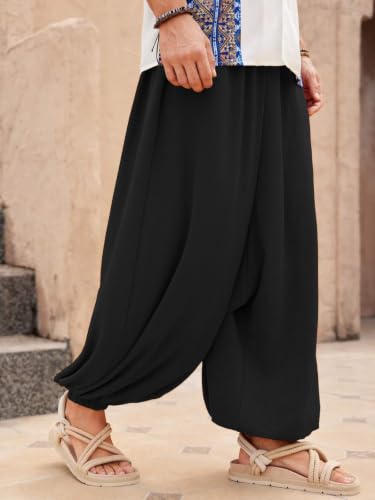 Image of Leriya Fashion Men's Boho Hippie Harem Pants | Black Printed Wide-Leg Trousers | Koren Streetwear Loose Baggy Fit Summer Lounge Yoga Lowers | Men's Solid Cowl Dhoti Pants | Relaxed Fit Draped Harem