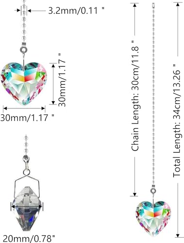 Image of 2Pcs Crystal Ceiling Fan Pull Chain Extender with Connector, 12 inch | K9 Crystal Glass, Not Acrylic, Heart Prism, Cut-To-Length Adjustable, Snap-On Connector For Fan, Light, Lamp (AB COLOR)