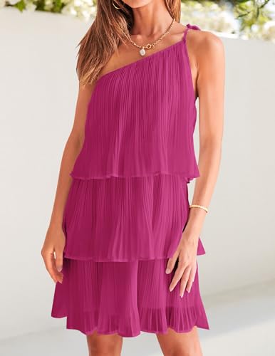 Image of ZESICA Women's Boho Summer One Shoulder Sleeveless Ruffle Tiered Layered Chiffon Pleated A Line Flowy Mini Dress