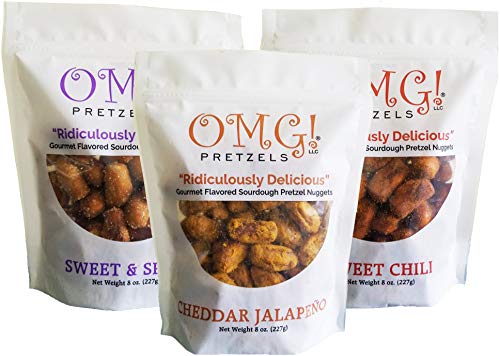 OMG! Pretzels Spicy Flavors Variety Pack of 3, Gourmet Seasoned Sourdough Pretzel Nuggets, 8 Ounce Bags - Sweet & Spicy, Cheddar Jalapeno & Sweet Chili