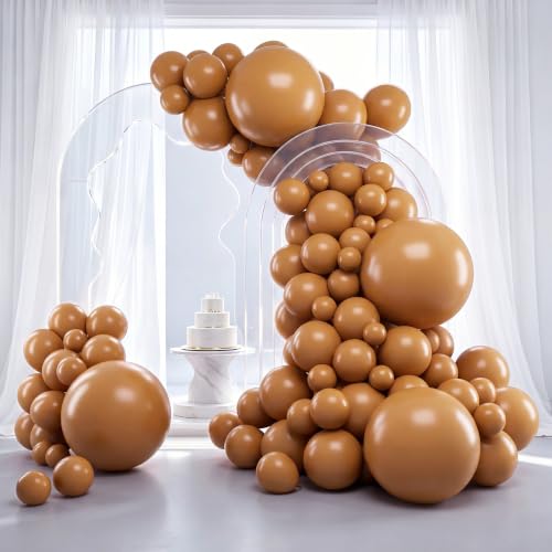 Image of RUBFAC Tan Balloons 129pcs Different Sizes Pack of 18 12 10 5 Inch, Latex Boho Neutral Light Brown Coffee Balloon Garland Arch Kit for Wedding Baby Shower Jungle Safari Fall Birthday Bear Themed Party