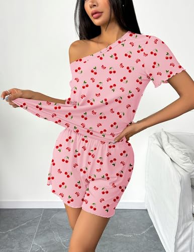 Image of Ekouaer 2 Packs Women Pajama Set Short Sleeve Sleepwear Soft Top and Shorts | Casual Pjs Outfits Ribbed Knit Lounge Set with Pockets