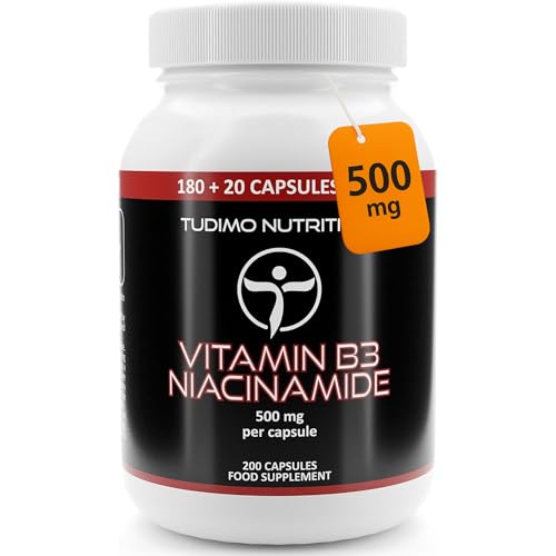 Vitamina B3 Nicotinamida 500mg   Flush Free Niacinamida 200 Capsulas (6+ Meses de Provisión), cada una con 500 mg de Polvo de Vit B3 Niacinamide (Nicotinamide Supplement)