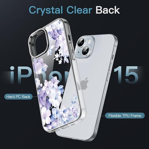 Image of VONZEE Clear Transparent Flower Cover for iPhone 15 Case Shockproof Floral Design Full Camera Protection Shockproof PC+TPU Cover Clear Transparent Flower Case for Girls & Women 6.1 inch (Purple)