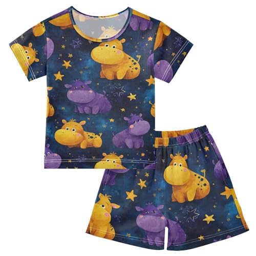 Pajama Short Sets Starry Hippo Pattern Print Soft Cotton Summer Sleepwear 2 Piece PJS Size 5-14T