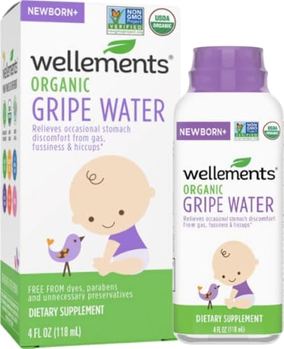 Image of Wellements Organic Gripe Water Gas Colic Hiccup Relief 4 Fl Oz Newborn+ | Relieves Occasional Stomach Discomfort from Baby Gas, Colic, Hiccups and Fussiness | Certified Organic and Non-GMO