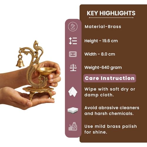 Image of ExclusiveLane 'Sacred Peacock' Brass Table Diya with Bell (100% Pure Brass, 1 Wick, 19.6 Cm, 20 ml, 0.64 kg, Hand-Etched) | Brass Diya for Pooja Traditional Decorative Diya for Pooja